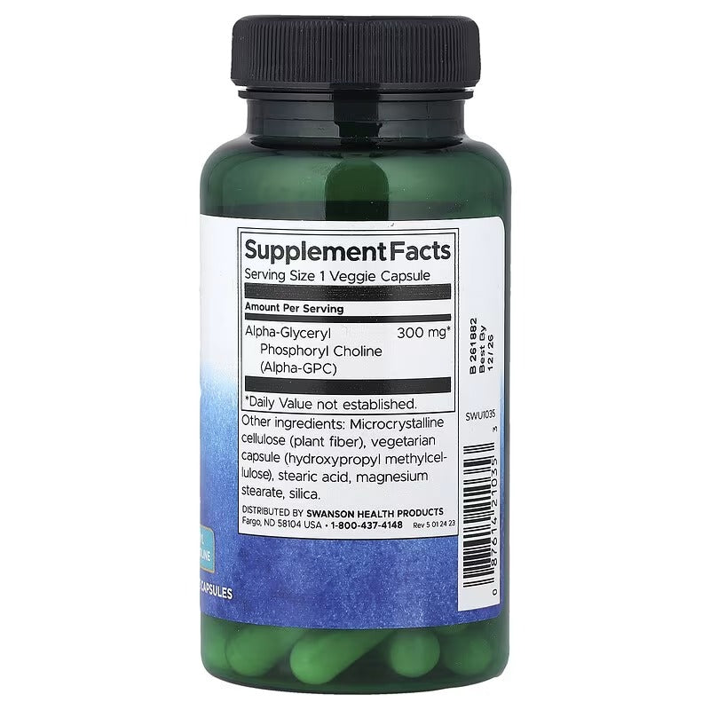 Swanson Alpha-GPC bottle with black cap and back Supplement Facts label, 1 veggie capsule
