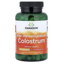 Colostrum dietary supplement bottle with black cap, front label and 120 capsules