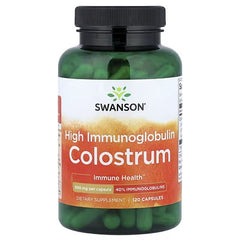 Colostrum dietary supplement bottle with black cap, front label and 120 capsules