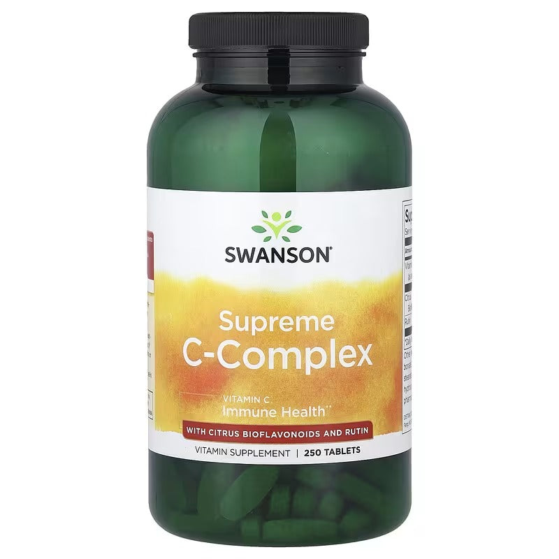 Dark green supplement bottle with black cap, front label for C-Complex tablets