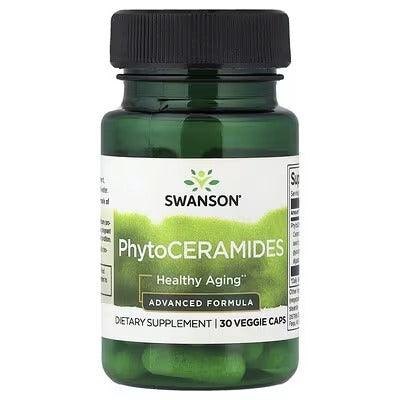 Green supplement bottle with black cap, Swanson PhytoCERAMIDES Advanced Formula label