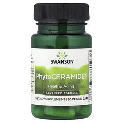 Green supplement bottle with black cap, Swanson PhytoCERAMIDES Advanced Formula label
