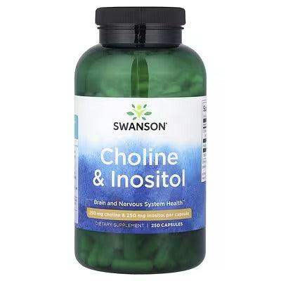 Choline & Inositol supplement bottle, 250 capsules, green jar with black cap