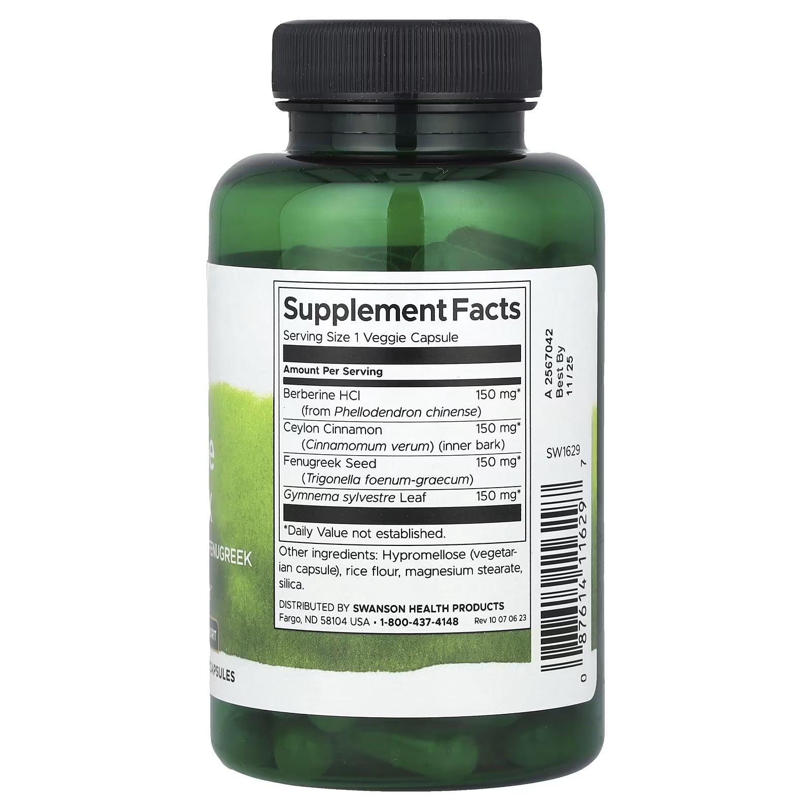 Swanson Berberine Complex bottle, Supplement Facts panel on back, 90 veggie capsules