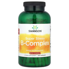 Green vitamin supplement bottle with black cap, Super Stress B-Complex label front