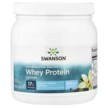 Swanson vanilla whey protein powder jar with front label and nutrition highlights