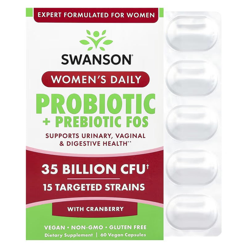 Swanson Vitamins, Women's Daily Probiotic + Prebiotic FOS With Cranberry, 35 Billion CFU, 60 Vegan Capsules