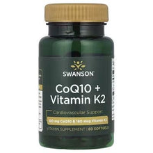 Swanson CoQ10 + Vitamin K2 softgels bottle with front Cardiovascular Support label