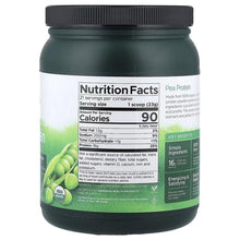Organic pea protein powder tub with Nutrition Facts panel