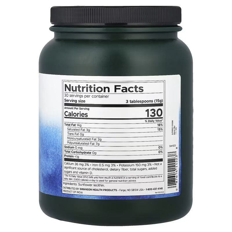 Swanson sunflower lecithin powder jar showing Nutrition Facts label on the back