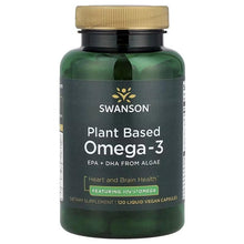 SWANSON Plant Based Omega-3 bottle with front label, dark green liquid vegan capsules