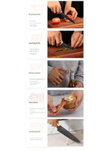 Kitchen knife set with dark non-stick blades, wood-style handles, and accessories for prep