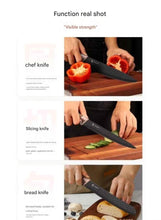 Non-stick coated kitchen knives with dark blades and wood-style handles shown in use