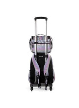 Iridescent rolling backpack with back straps, telescopic handle, and 4 wheels