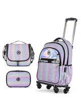 Iridescent 4-wheel school trolley with matching lunch bag and pencil case set