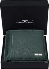 Men's green leather wallet with textured finish and metal front tab