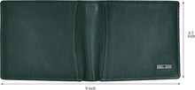 Green leather bifold wallet with interior card slots and snap button