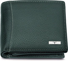 Men's green leather wallet with snap closure and T metal logo