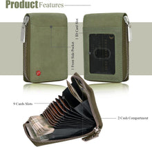 Olive green leather zip wallet open with card fan and cash compartments