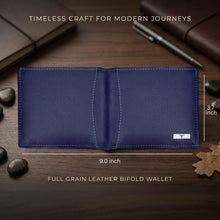 Men's navy leather bifold wallet, open with stitched interior and metal logo plate.