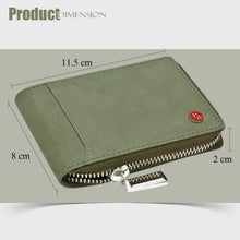 Olive-green leather zip wallet with front card slot panel and silver zipper pull.