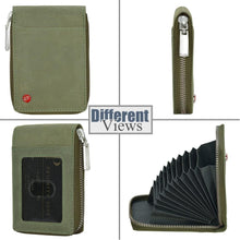 Green leather RFID wallet with silver zipper, shown from multiple angles and open fan interior.
