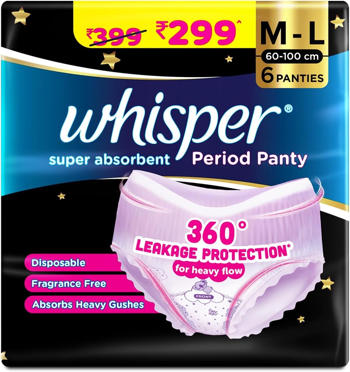 Super Absorbent Period Panty, 6 Pants, M-L, 360° Leakage Protection