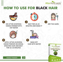 AttarAyurveda indigo powder box with how-to steps for black hair use