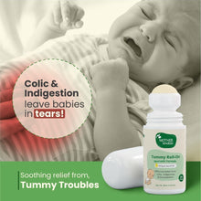 White tummy roll-on bottle with green label and child-safety roll cap.