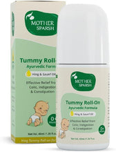 Tummy Roll-On Ayurvedic bottle and carton, white with green Mother Sparsh logo.