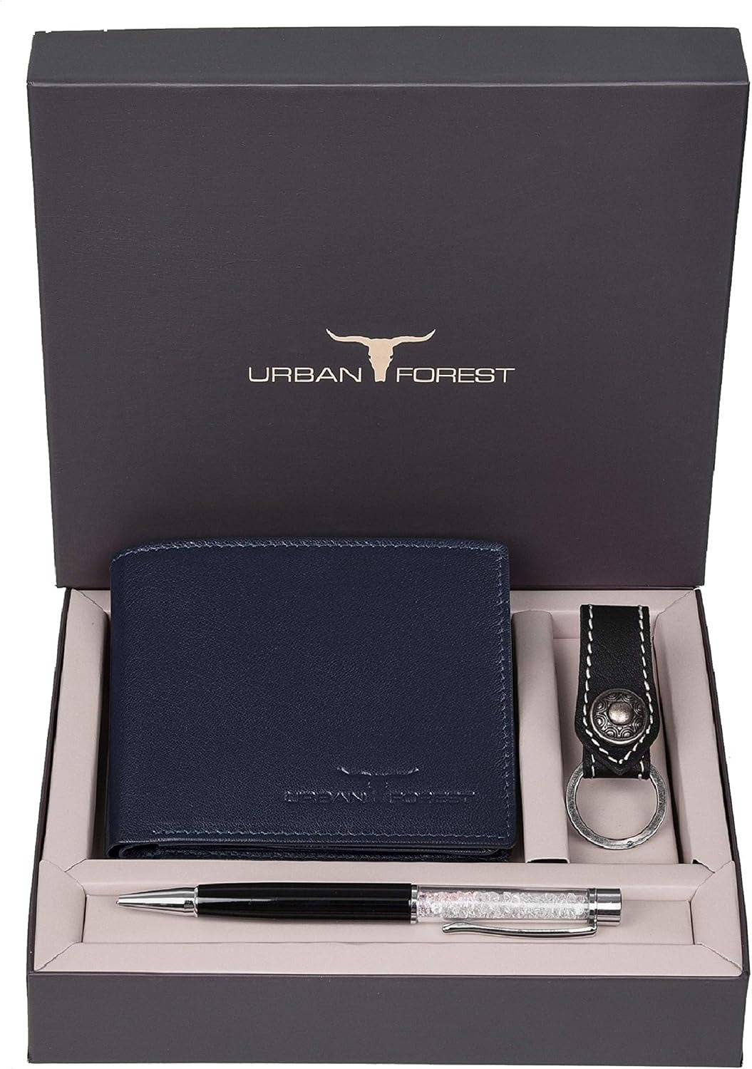 URBAN FOREST Leather Wallet Combo for Men – Wallet, Keyring & Pen Gift Set | Dark Blue