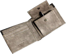 Grey leather wallet open with card slots and snap button closure