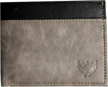 Grey leather wallet with stitched edges and small emblem on front