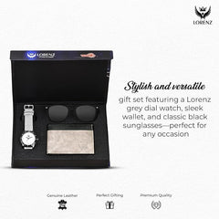 LORENZ Analog Men Gift Box Combo Set of Grey Dial Watch, Wallet & Black Sunglasses