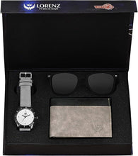Gift set box with grey dial analog watch, grey wallet, and black sunglasses