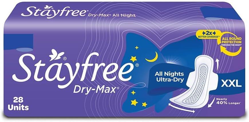 Stayfree Dry Max All Night XXL Sanitary Pads for Women with Wings, 28 Pads