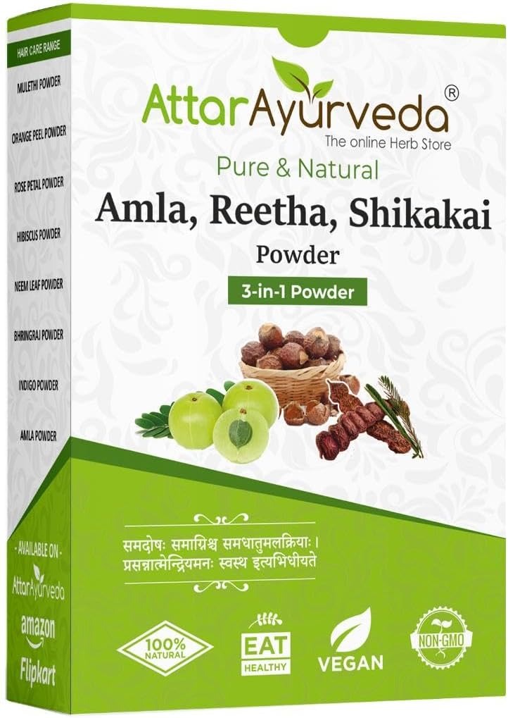 Attar Ayurveda Amla Reetha Shikakai Powder for Hair Care – 100% Pure & Natural Herbal Hair Cleanser, Traditional Ayurvedic Formula, No SLS, No Parabens