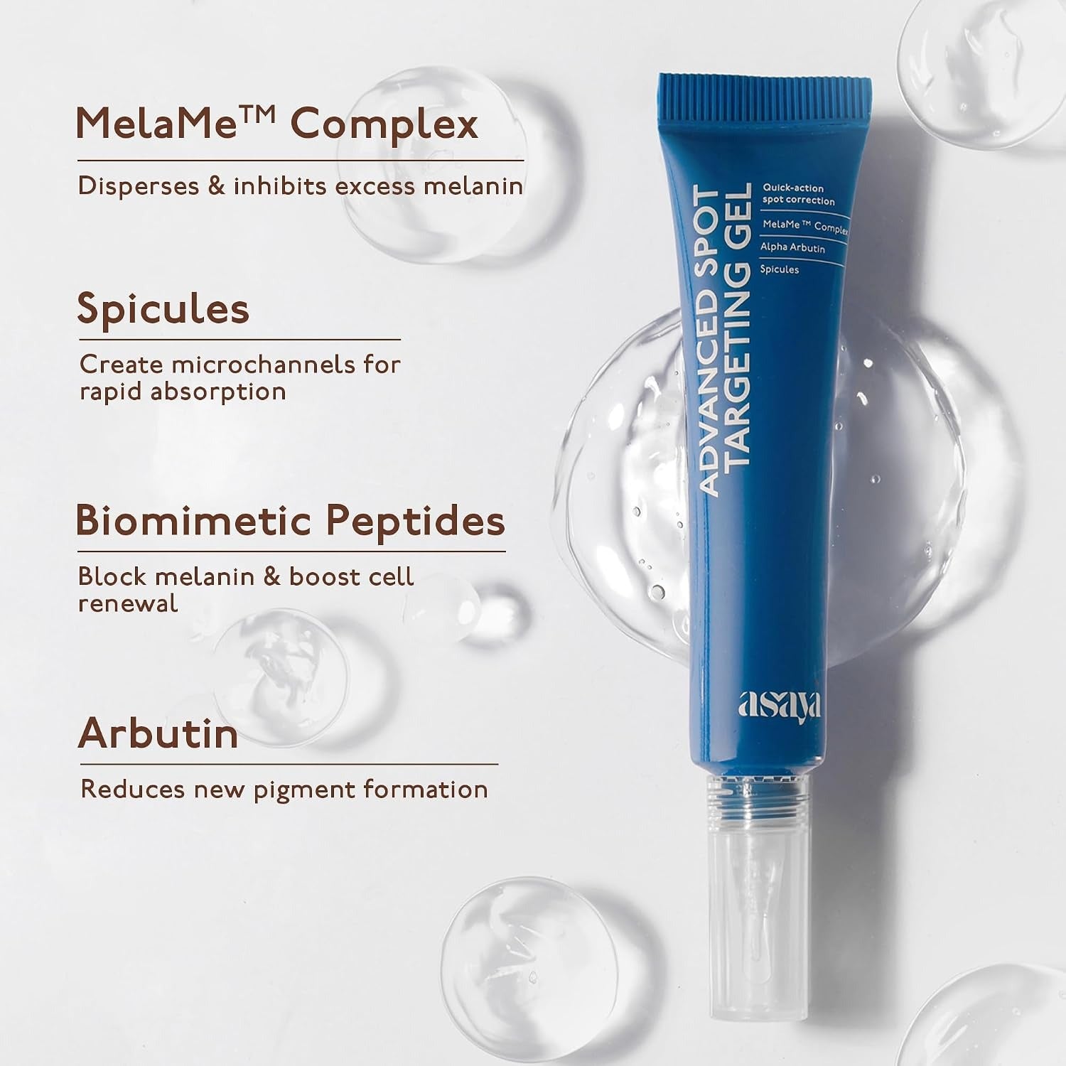 Dark spot targeting gel tube with clear nozzle and blue cap, shown with bubbles
