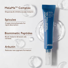 Dark spot targeting gel tube with clear nozzle and blue cap, shown with bubbles