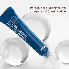 Blue dark spot targeting gel tube with clear nozzle, angled on glossy droplets