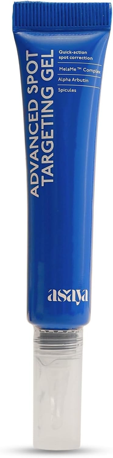 Blue squeeze tube for dark spot targeting gel with clear bottom dispenser