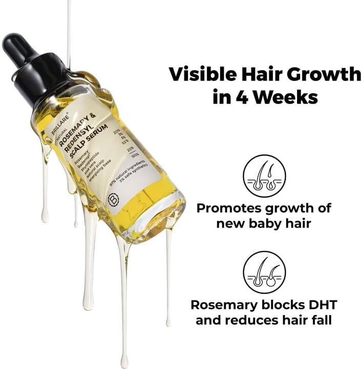 Rosemary and Redensyl scalp serum with black dropper, golden liquid drips