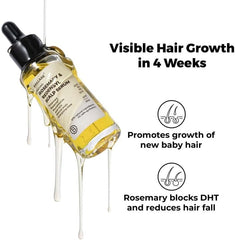Rosemary and Redensyl scalp serum with black dropper, golden liquid drips