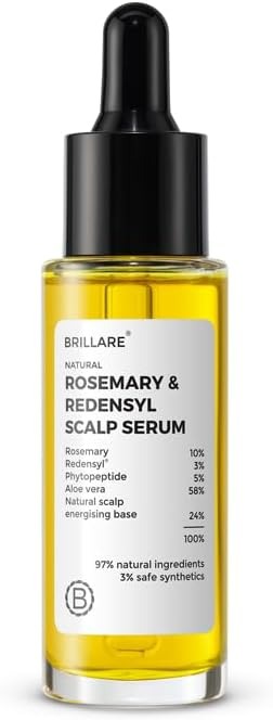 Scalp serum bottle with black dropper; rosemary and redensyl, yellow-gold liquid