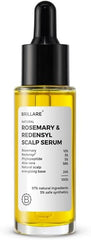 Scalp serum bottle with black dropper; rosemary and redensyl, yellow-gold liquid