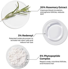 Scalp serum ingredients: rosemary sprig and Redensyl, in three labeled bowls