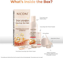 NICONI Tan Vanish kit contents: Gluta-Kojic skin polish bottle, powder, bowl, and brush.