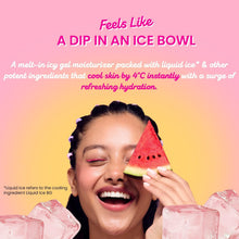 Watermelon cooling icy gel moisturizer with watermelon slice, woman holding ice cubes