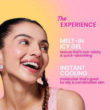 Watermelon cooling icy gel moisturizer experience on face, woman holding pink gel