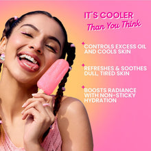 Watermelon cooling icy gel moisturizer on a pink gel stick, held by smiling woman